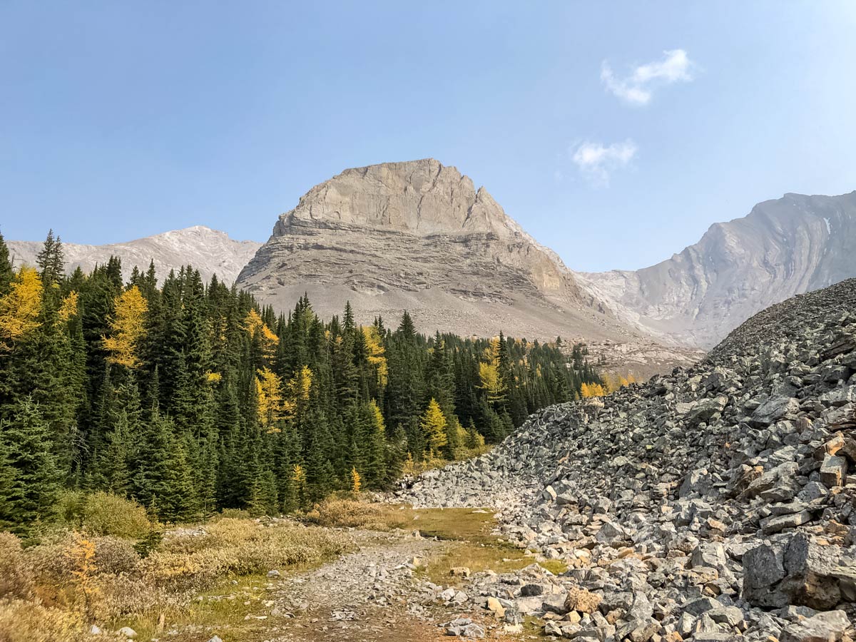 Loose rock slide debris seen on Arethusa Cirque hiking trail in Kananaskis alberta