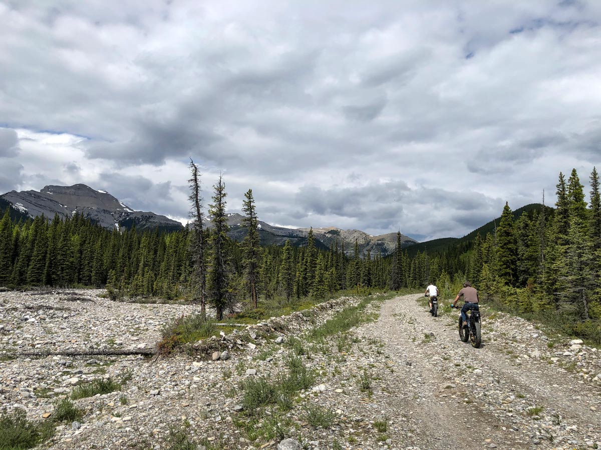 Mountain bikers fat tire bikes Big Elbow hiking walking trails in Kananaskis Alberta