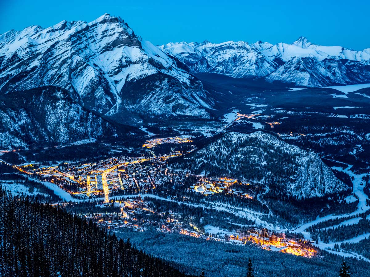 Beautiful town of Banff in Alberta Canada night dawn winter hiking