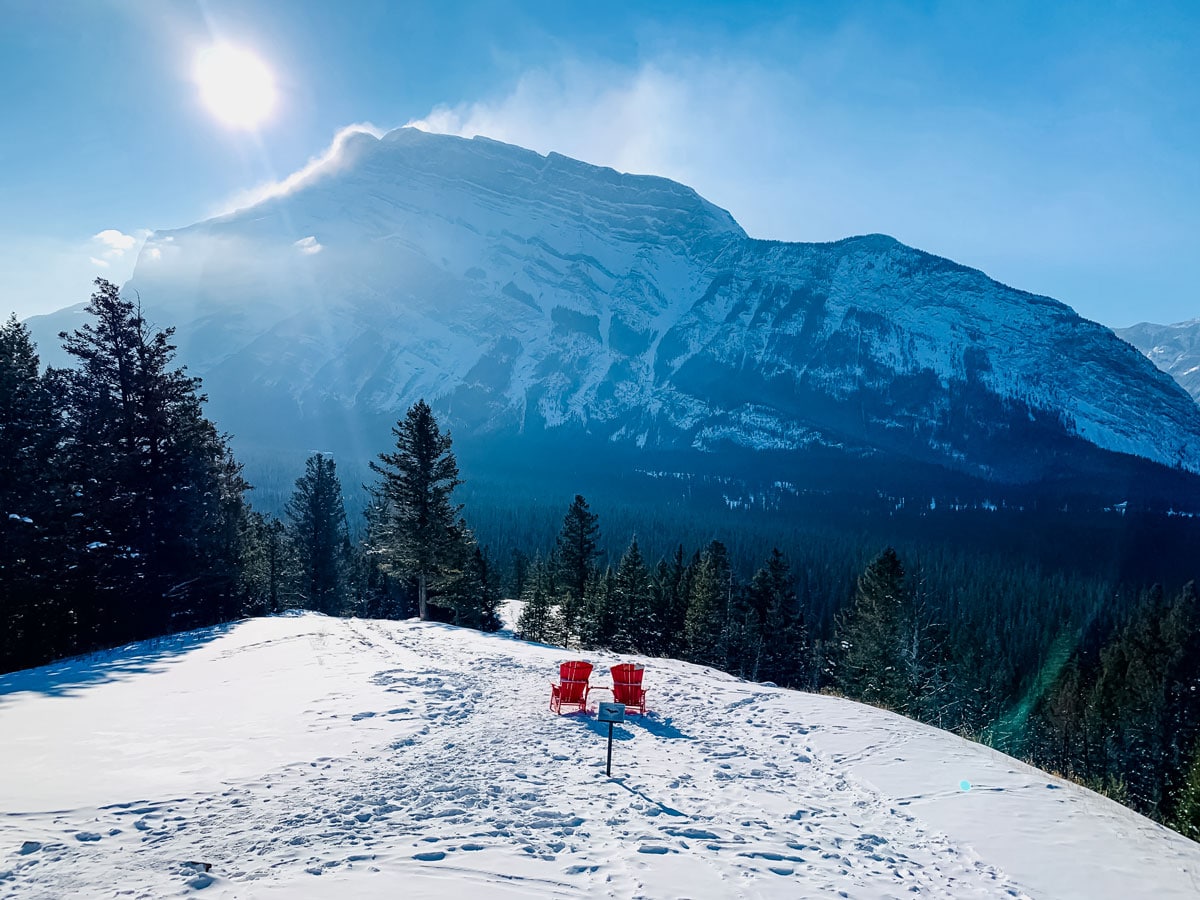 Views of beautiful Mount Rundle EEOR from Banff resort town winter