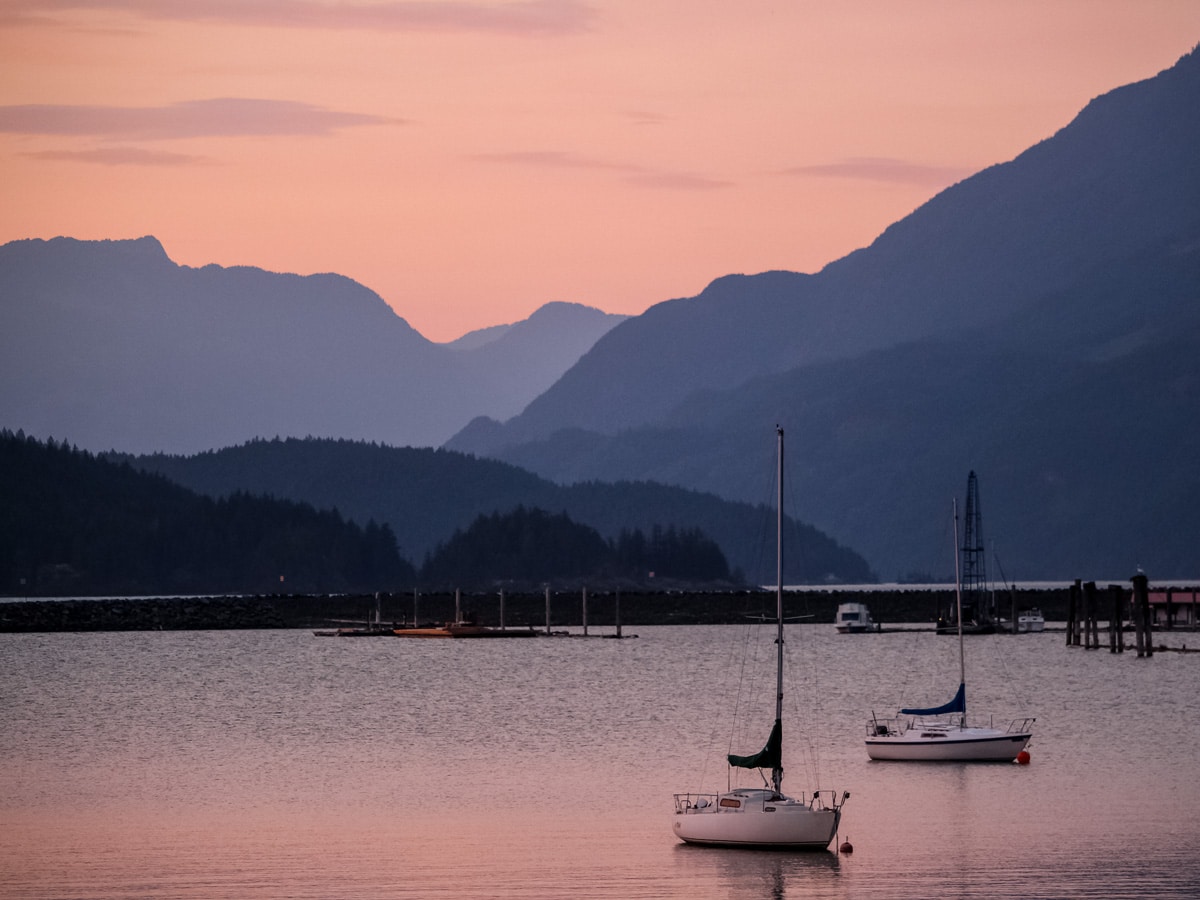 View from Harrison hot springs sailboats on Pacific ocean