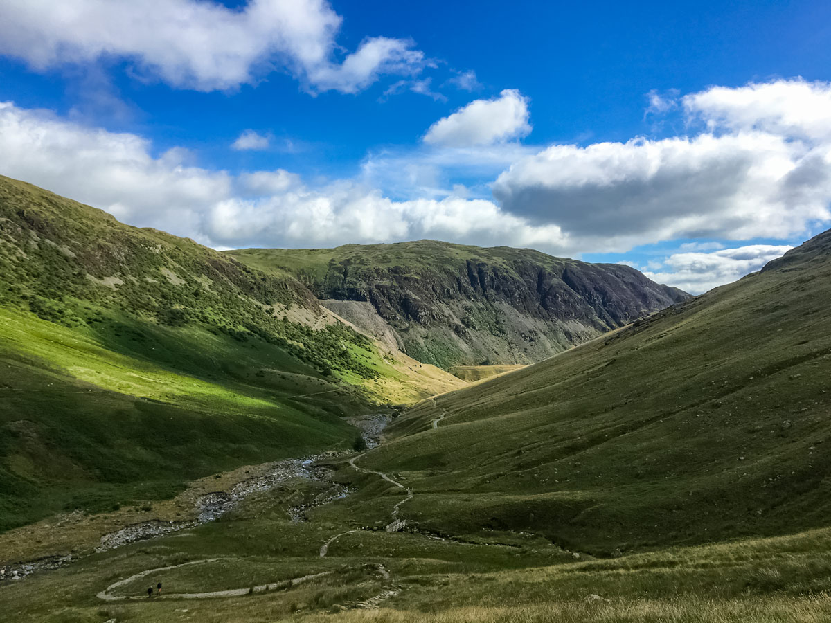 Beautiful mountains bluffs green grass seen in Lake district camping in UK