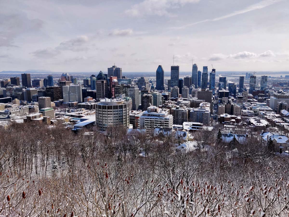 Beautiful views of downtown Montreal in the winter snow Canada