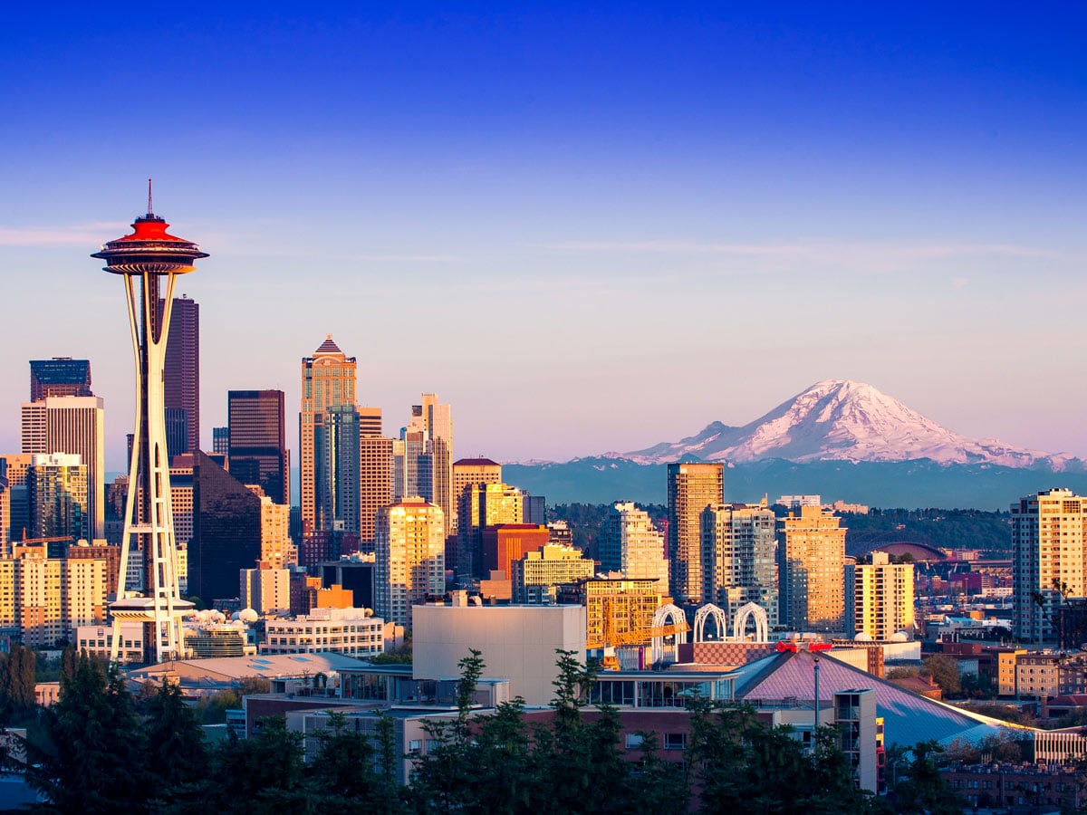 Seattle skyline downtown mount rainier on the horizon beautiful pacific west coast winter