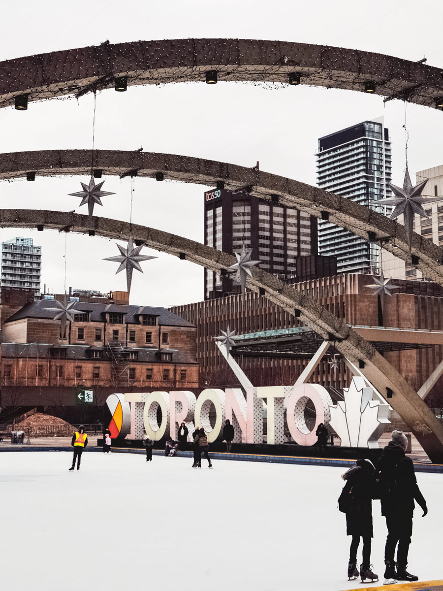 Outdoor ice skaing rink in downtown Toronto in winter