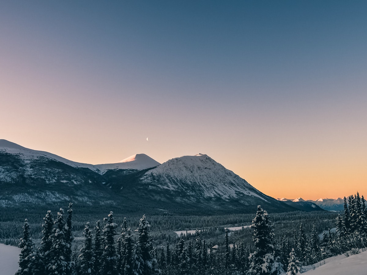 Beautiful sunset sunrise over the mountains in the Yukon near Whitehorse Canada