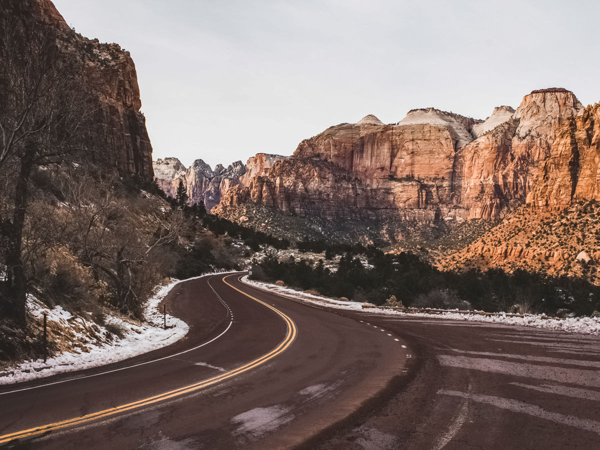 Highway winding through canyon Winter in Zion national park Utah