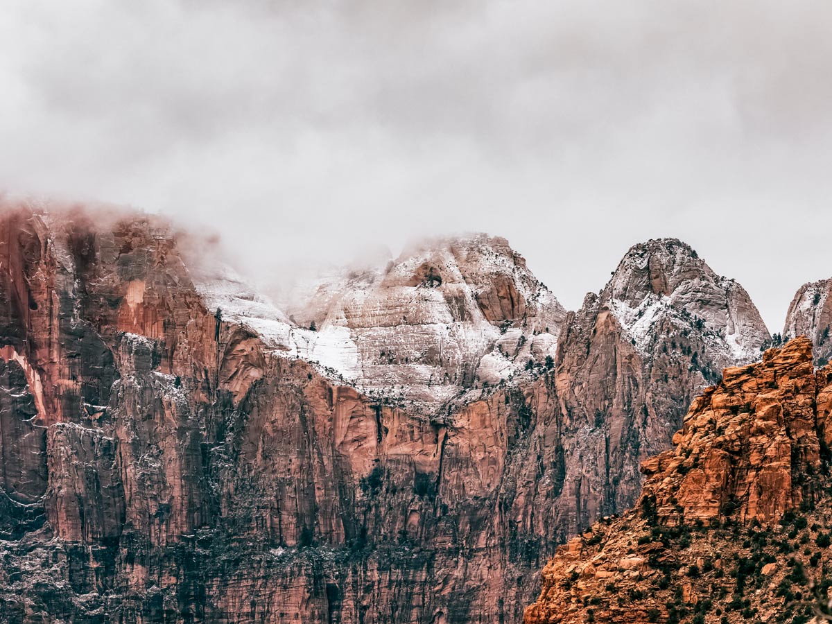 Zion national park rock formations in Utah Winter