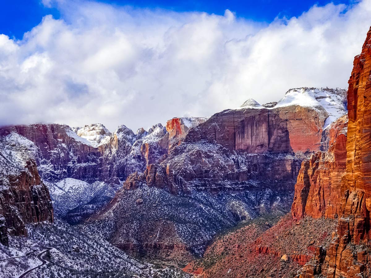 Beautiful snow covered rocks mountains canyons winter in Zion national parkUtah