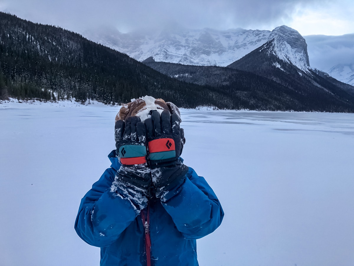 Kids hiking frozen lakes skiing snowshoeing