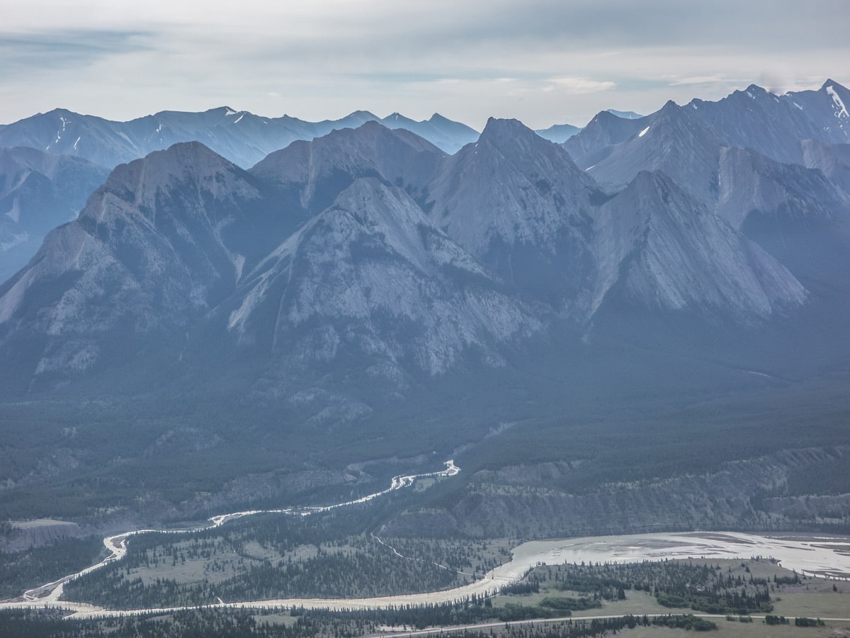 Beautiful river below the mountain ridge on Tuff Puff Ridge scramble near David Thompson Hwy