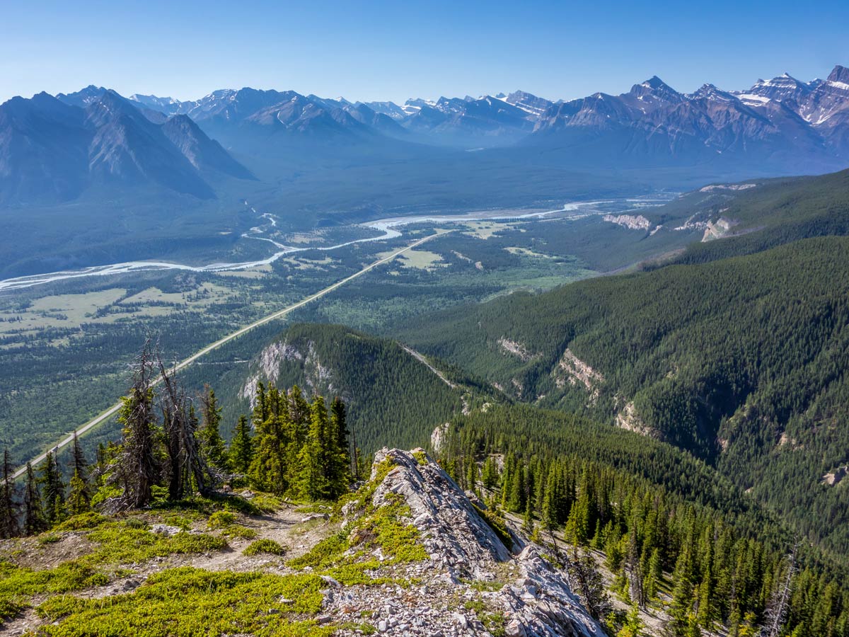 Looking down on David Thompson Hwy on Mount Ernest Ross Scramble in Alberta