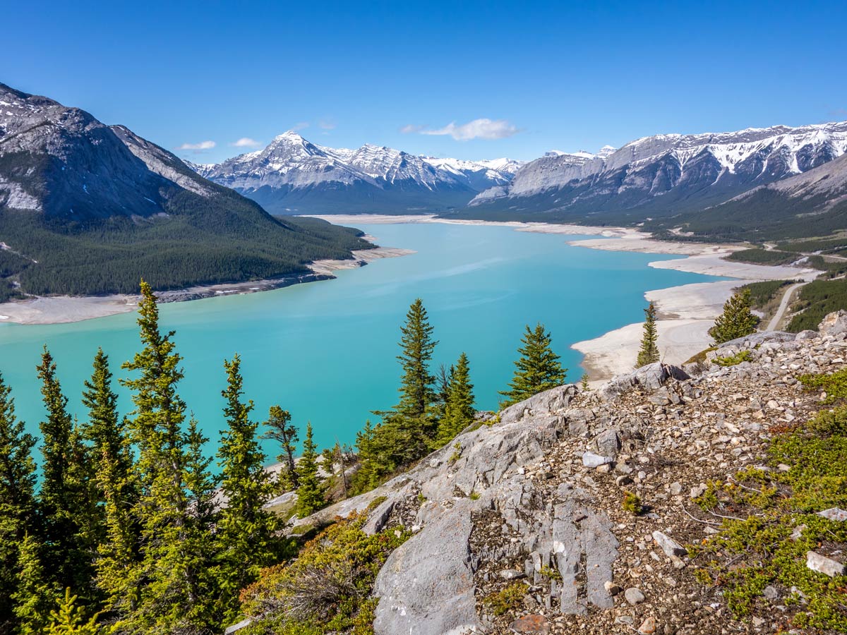 Turquoise water of Abraham Lake on Windy Point Ridge Hike