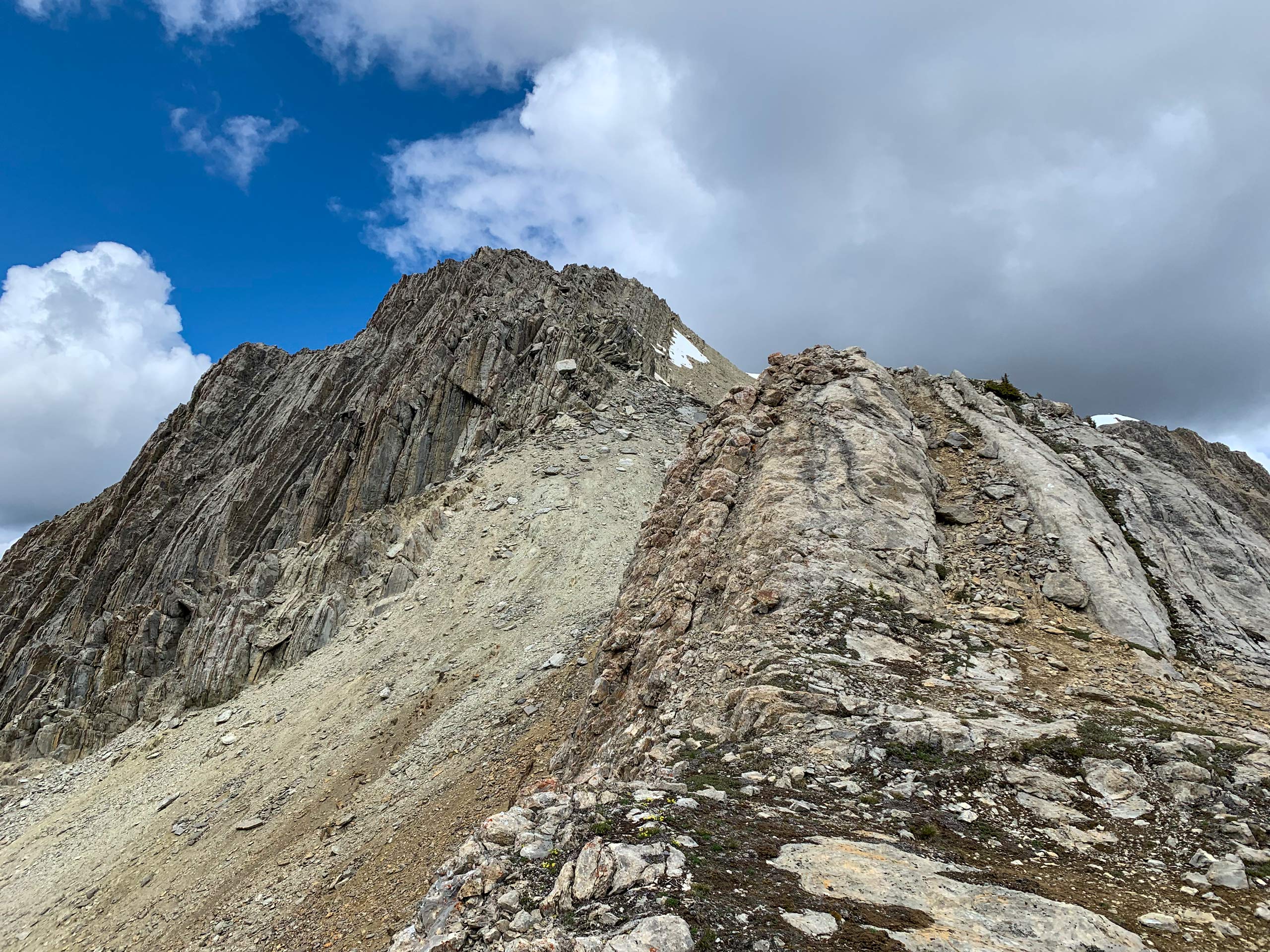 Looking up to the summit of Mount Cory Scramble