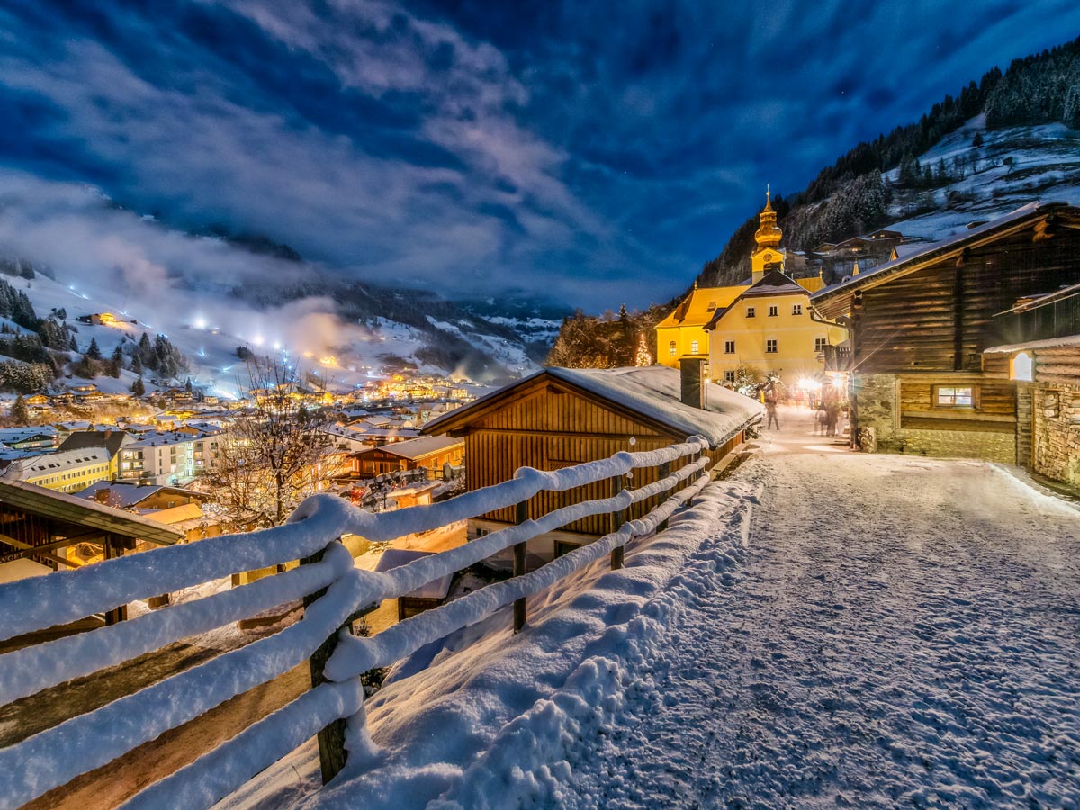 Winter night in snowy Salzburg Austria