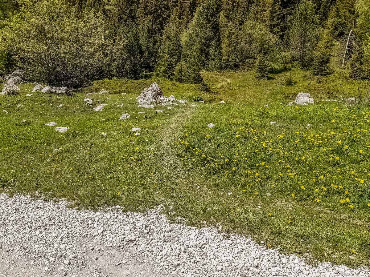 Unmarked trail after chapel 3 tetes Plateau des Gileres hiking France