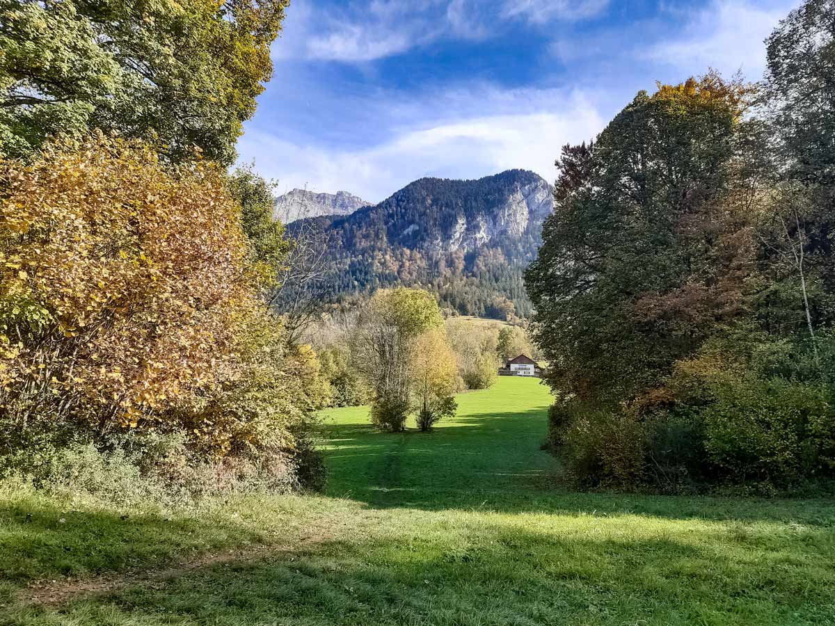 Open fields Angon waterfalls hiking in France