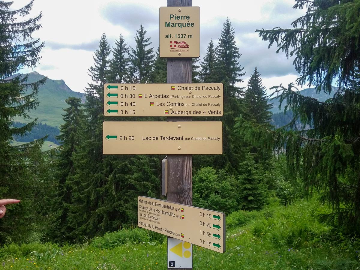 Bombardellaz signpost at village stone hiking in France