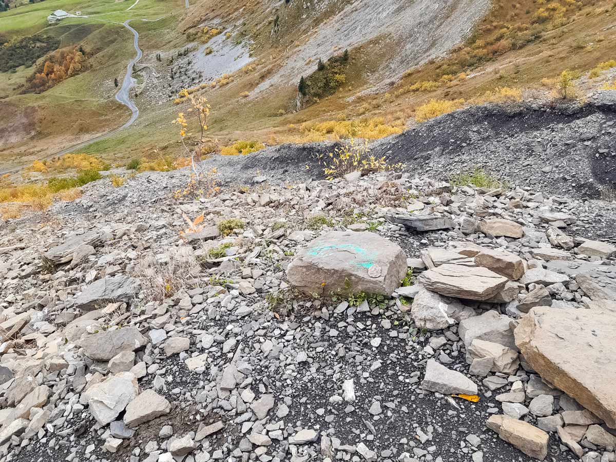 Makeshift route with arrows Col Des Aravis hiking trails in France