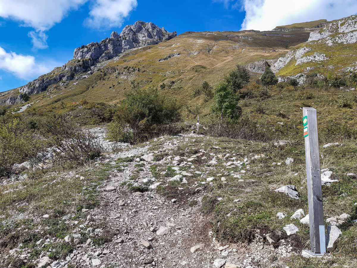 Trail marked signpost hiking Lac de Lessy trail in France