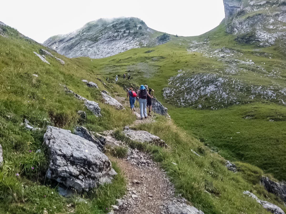 Rocky trail after refuge track hiking Lac du Mont Charvin trail France