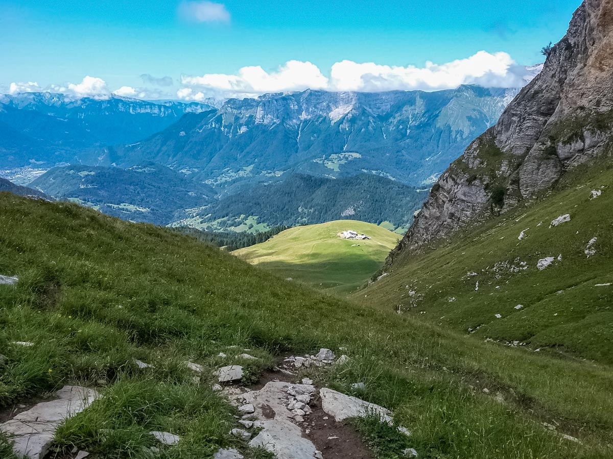 View back to refuge and valley hiking Lac du Mont Charvin trail France