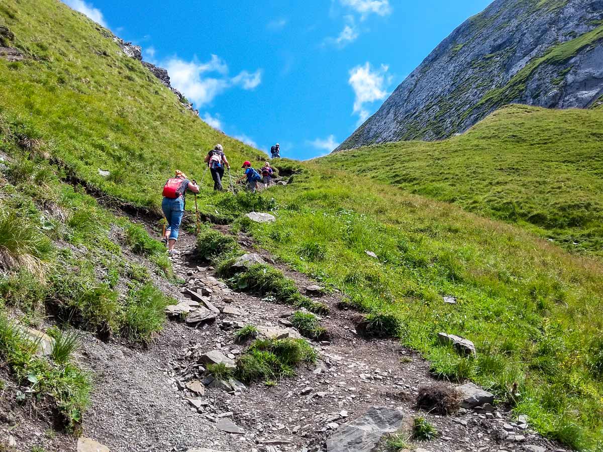 Steep rocky climb hiking Lac du Mont Charvin trail France