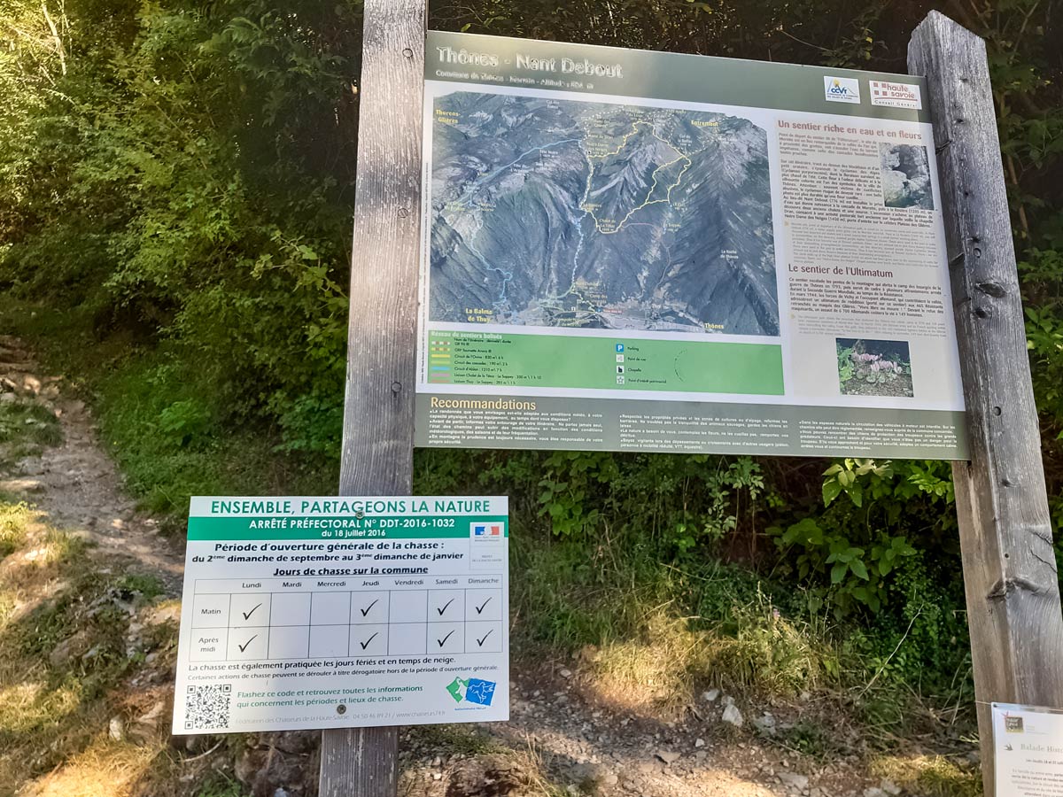 Hunting hiking signs along Morette Falls trail France