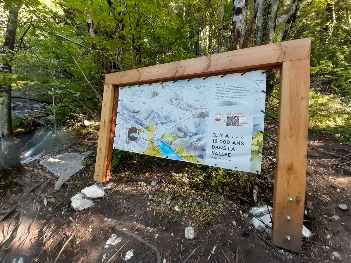 Info panel near waterfall hiking Morette Falls trail France