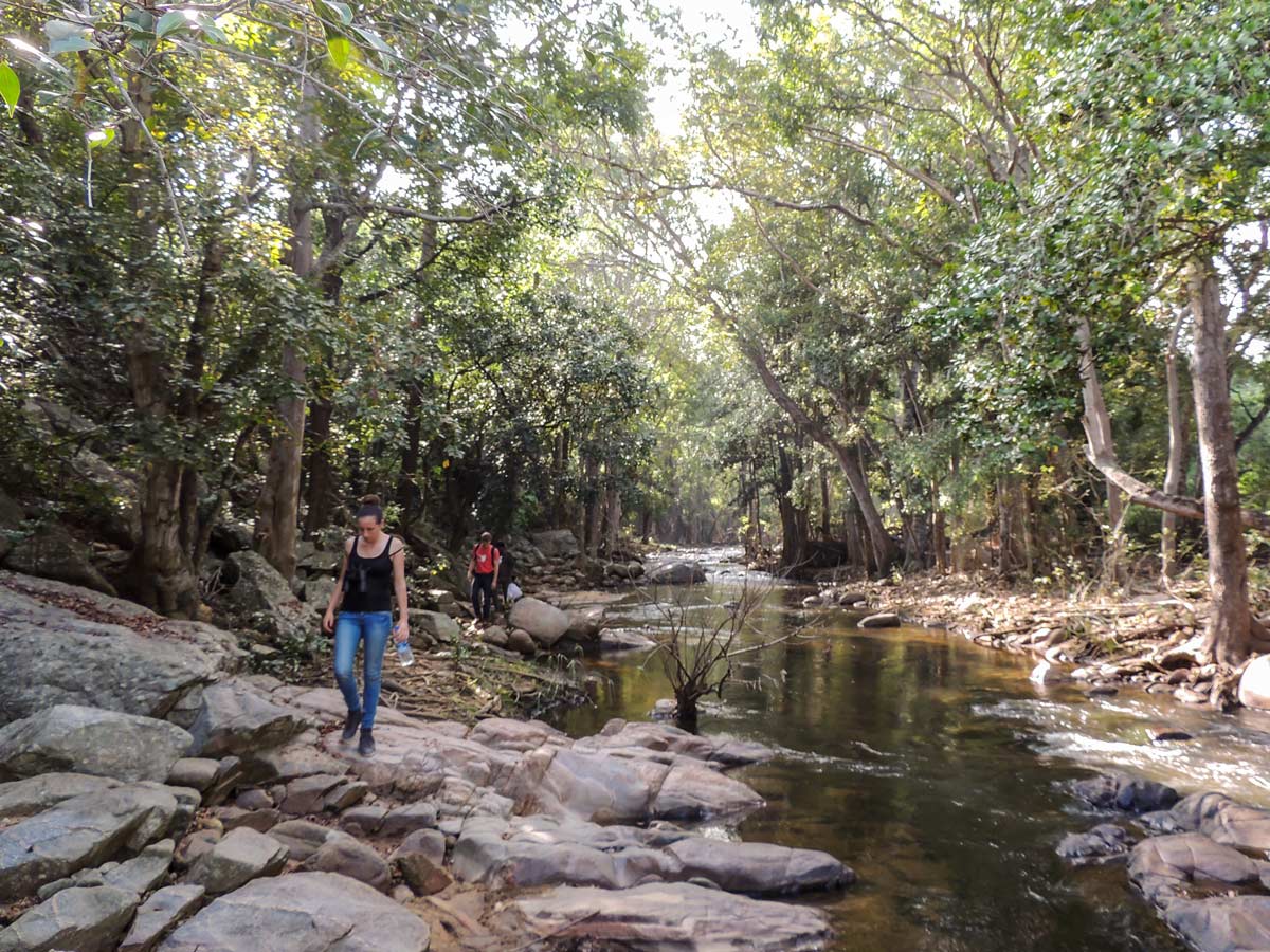 Hikers follow river on SW Ghats India hiking trail