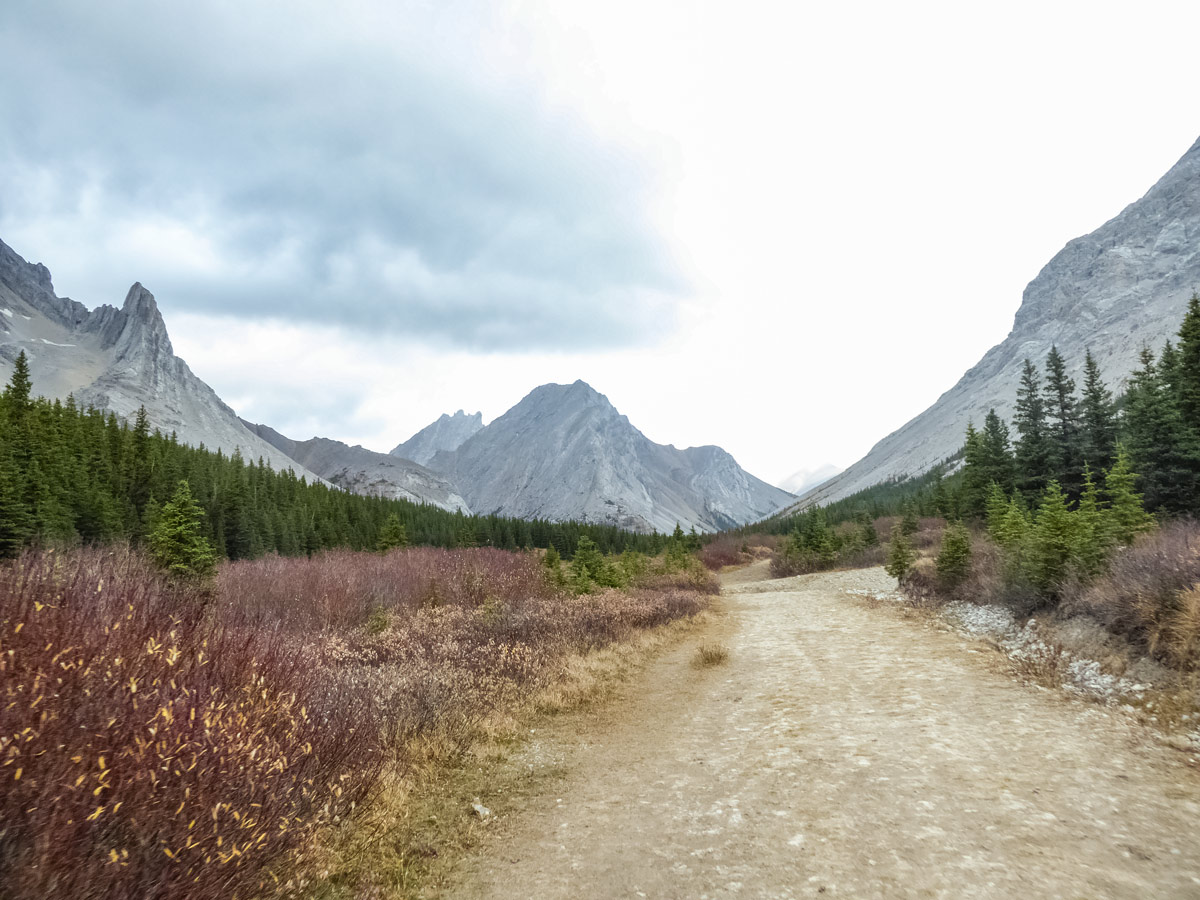 Falls trail hiking walking through beautiful rocky mountains in Kananaskis Alberta