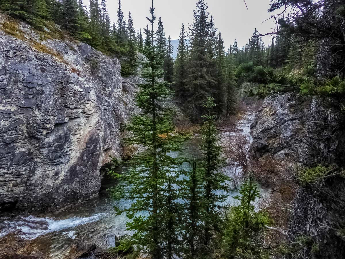 approaching waterfalls on Edworthy Falls trail in Kananaskis Alberta Canada