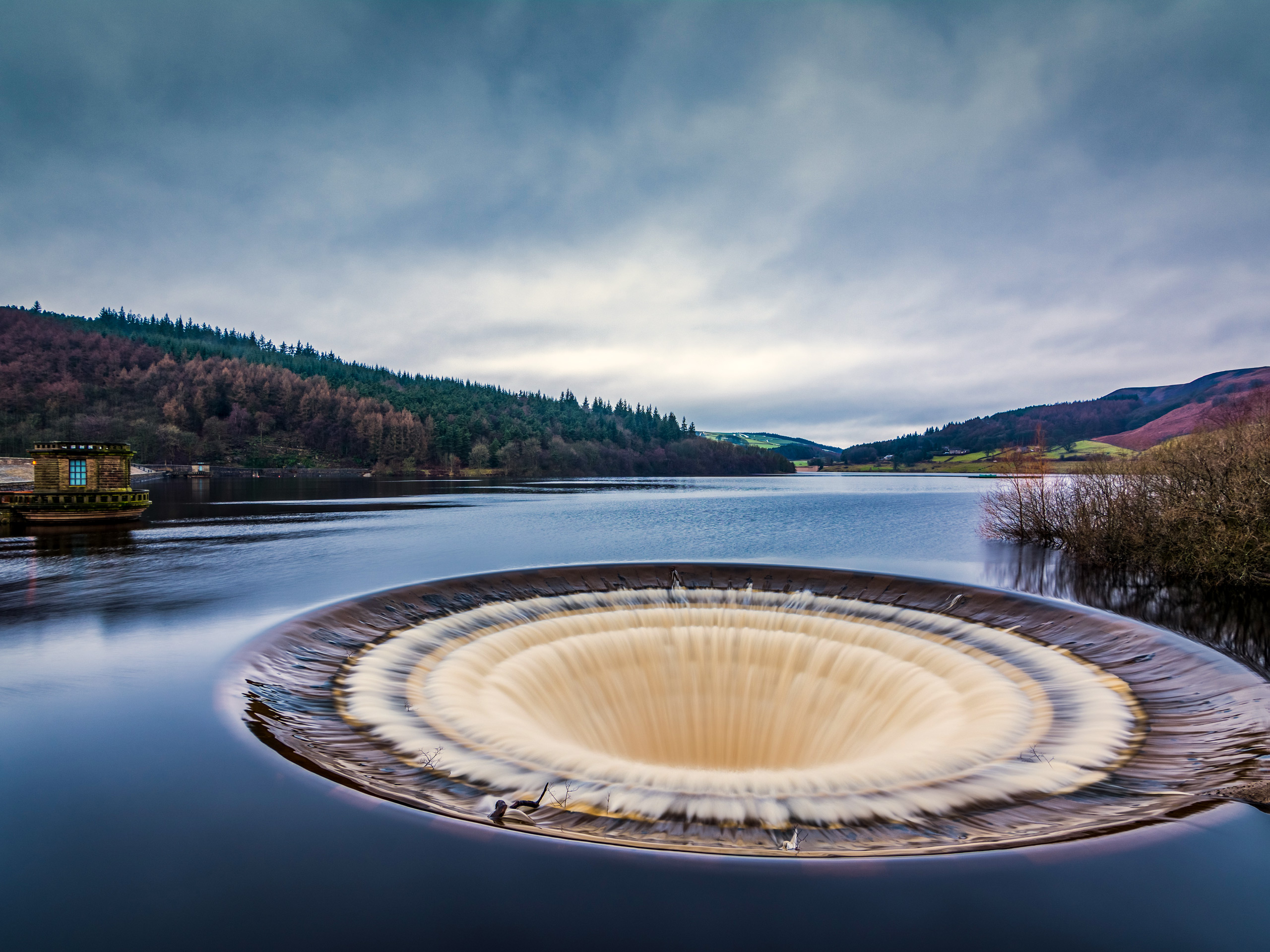 Circular drainage tunnel in Ladybower reservoir