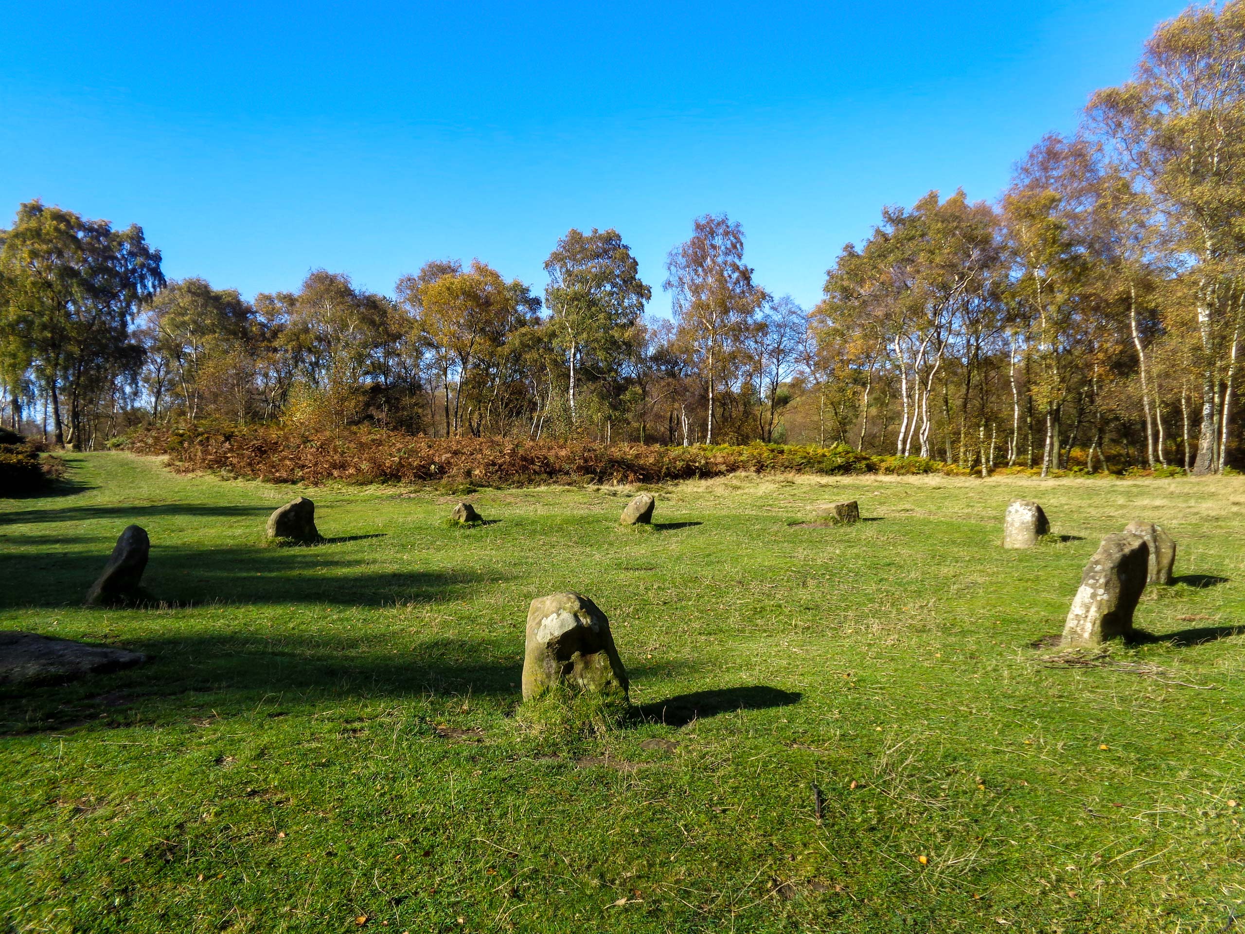 Stones in circle seen along Stanton Moor Walk Peak District UK