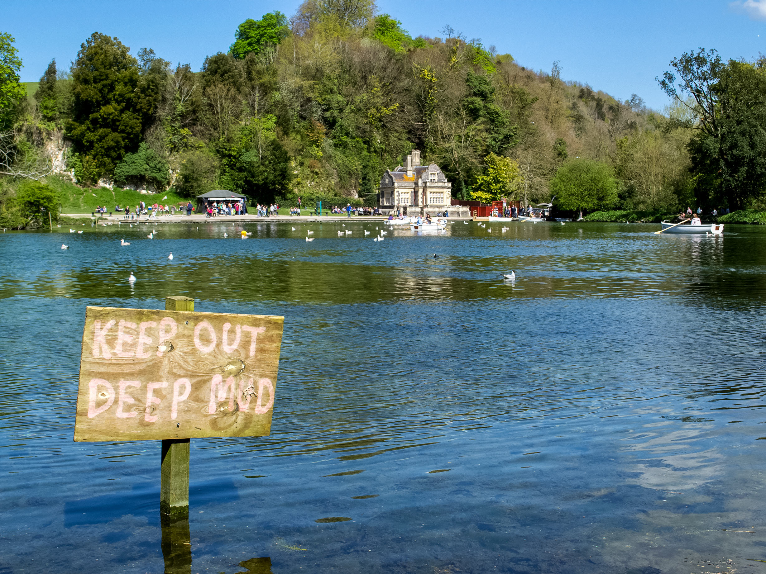 Sign in the water Swanbourne Lake South Downs UK