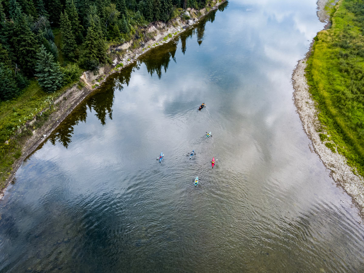 Aerial view of Kayakers on Red Deer River near Sundre