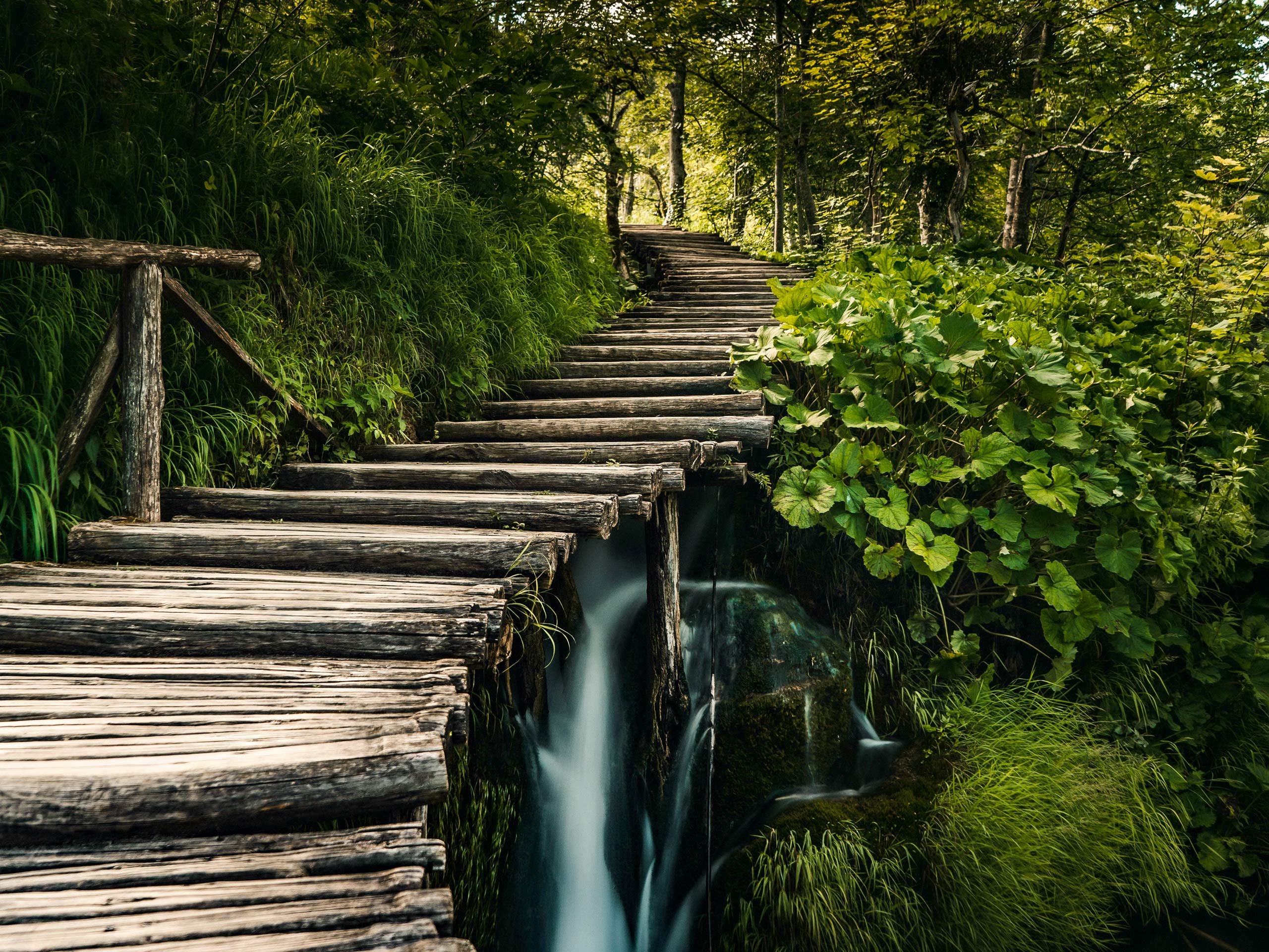 Wooden steps over waterfalls Plitvice Lakes National Park Plitvicka Jezera Croatia