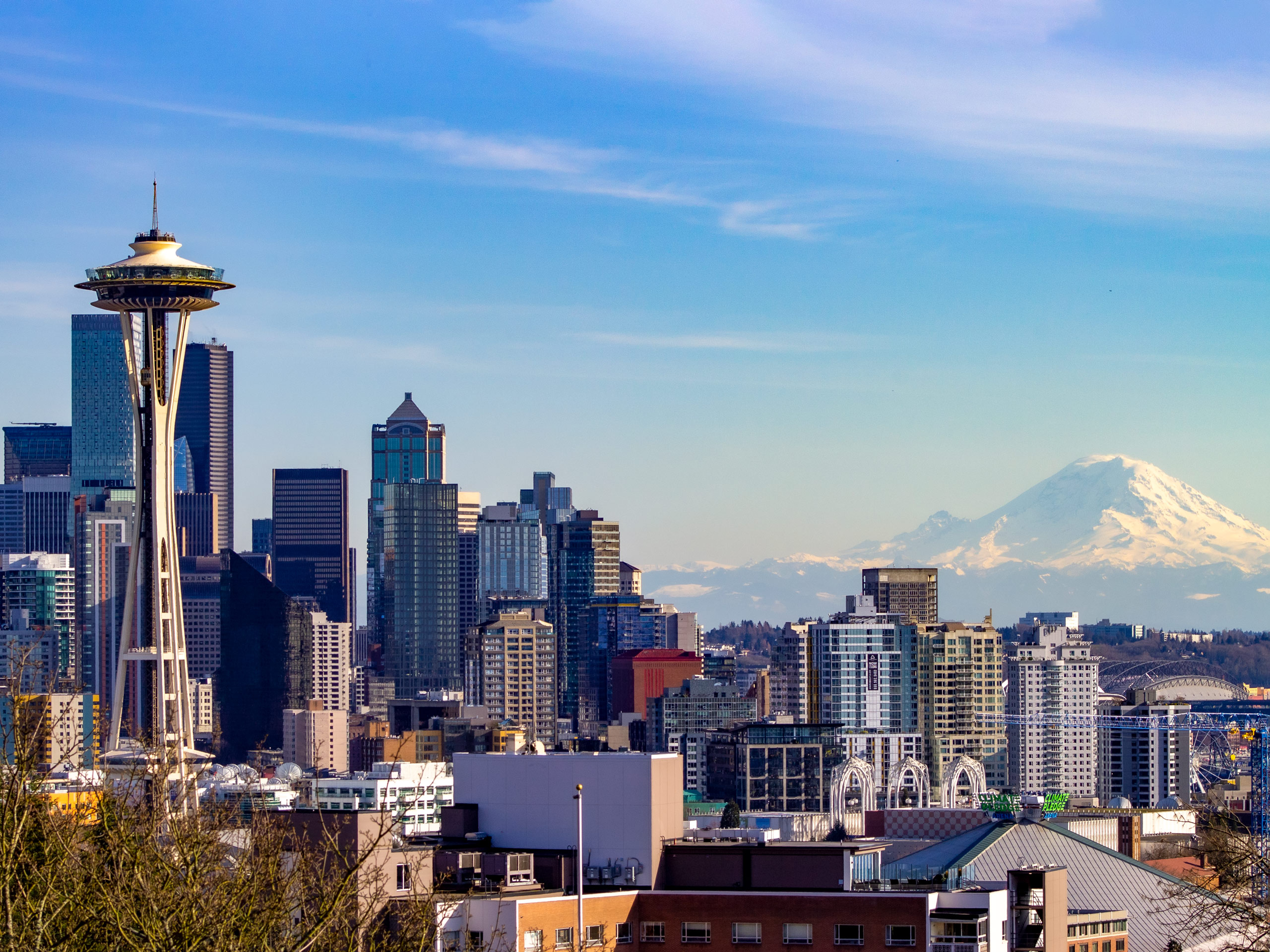 Mount Rainier behind Seattle skyline