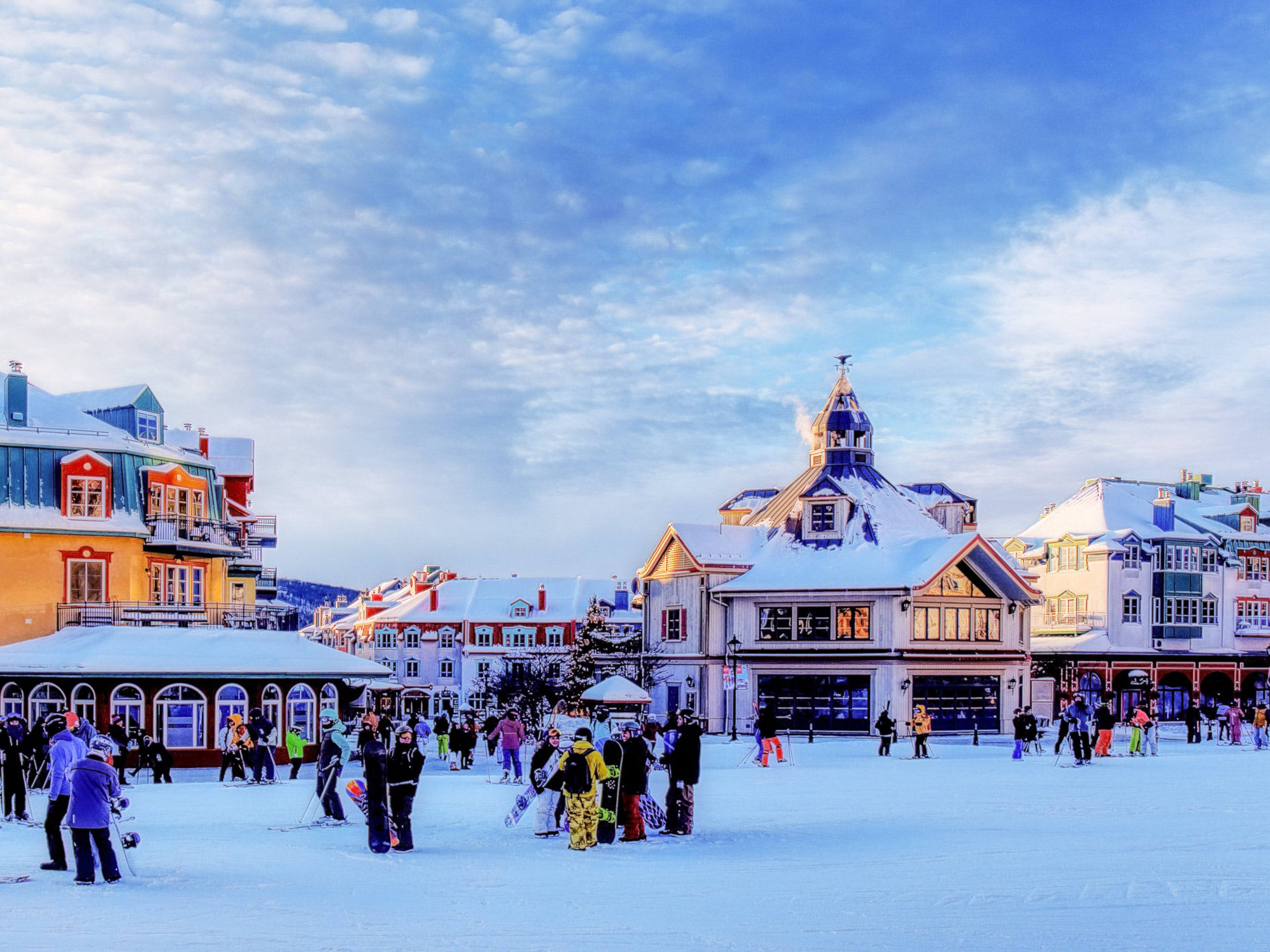 Mont Tremblant village in winter skiing snowboarding in Quebec Canada