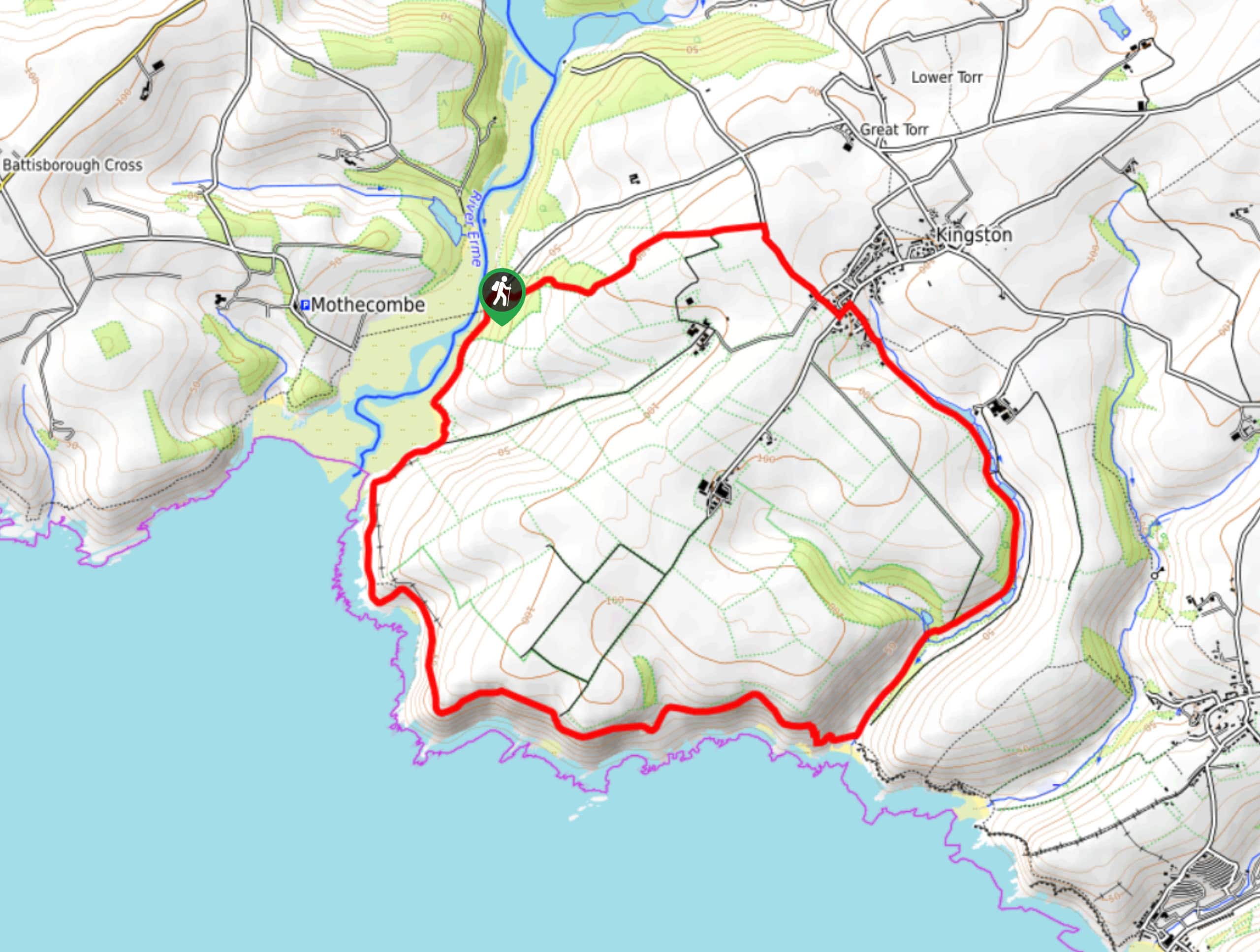 River Erme, Middlecombe Beach, and Kingston Circular Walk Map