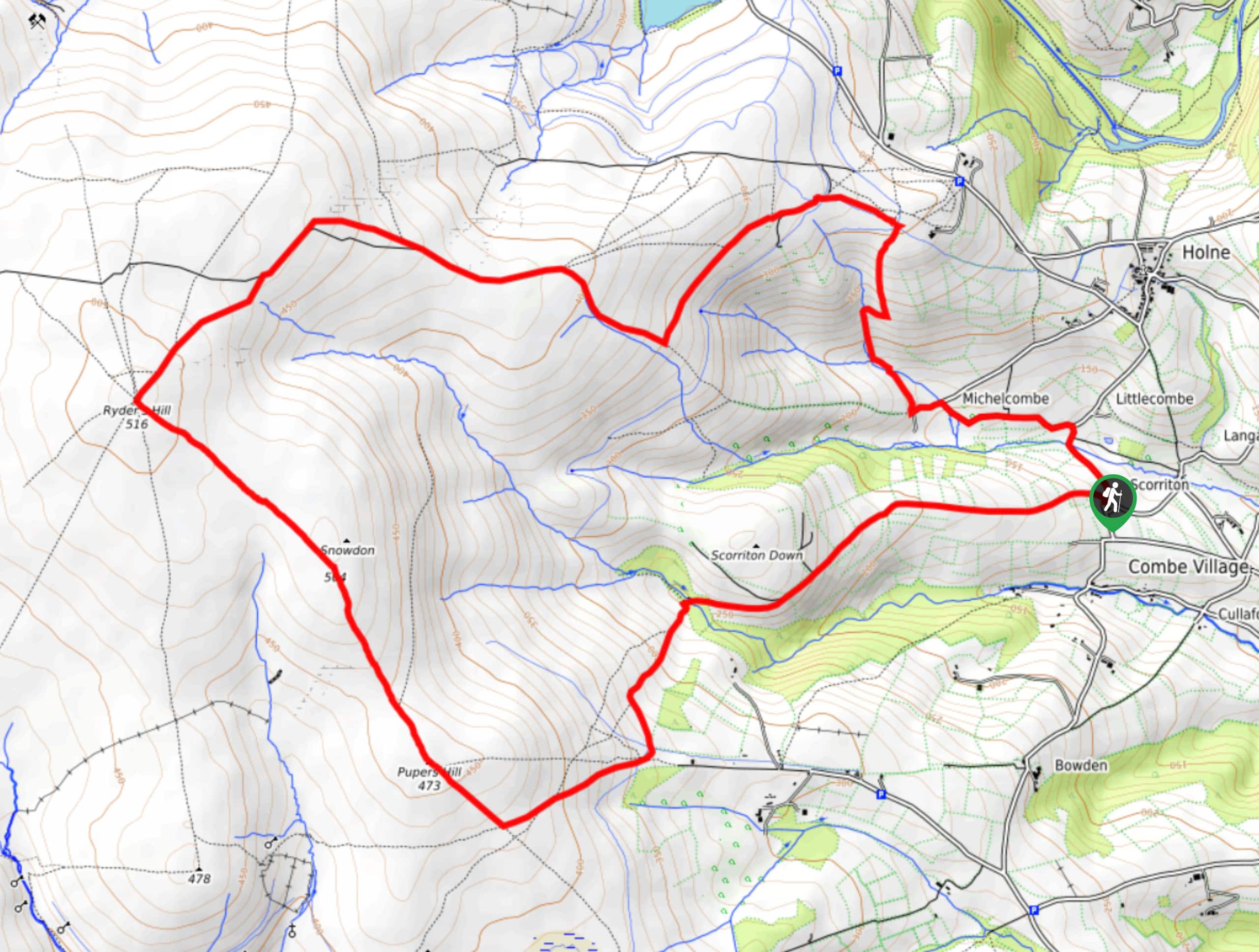 Ryder’s Hill, Snowdon, Pupers Hill, and Scorriton Down Walk Map