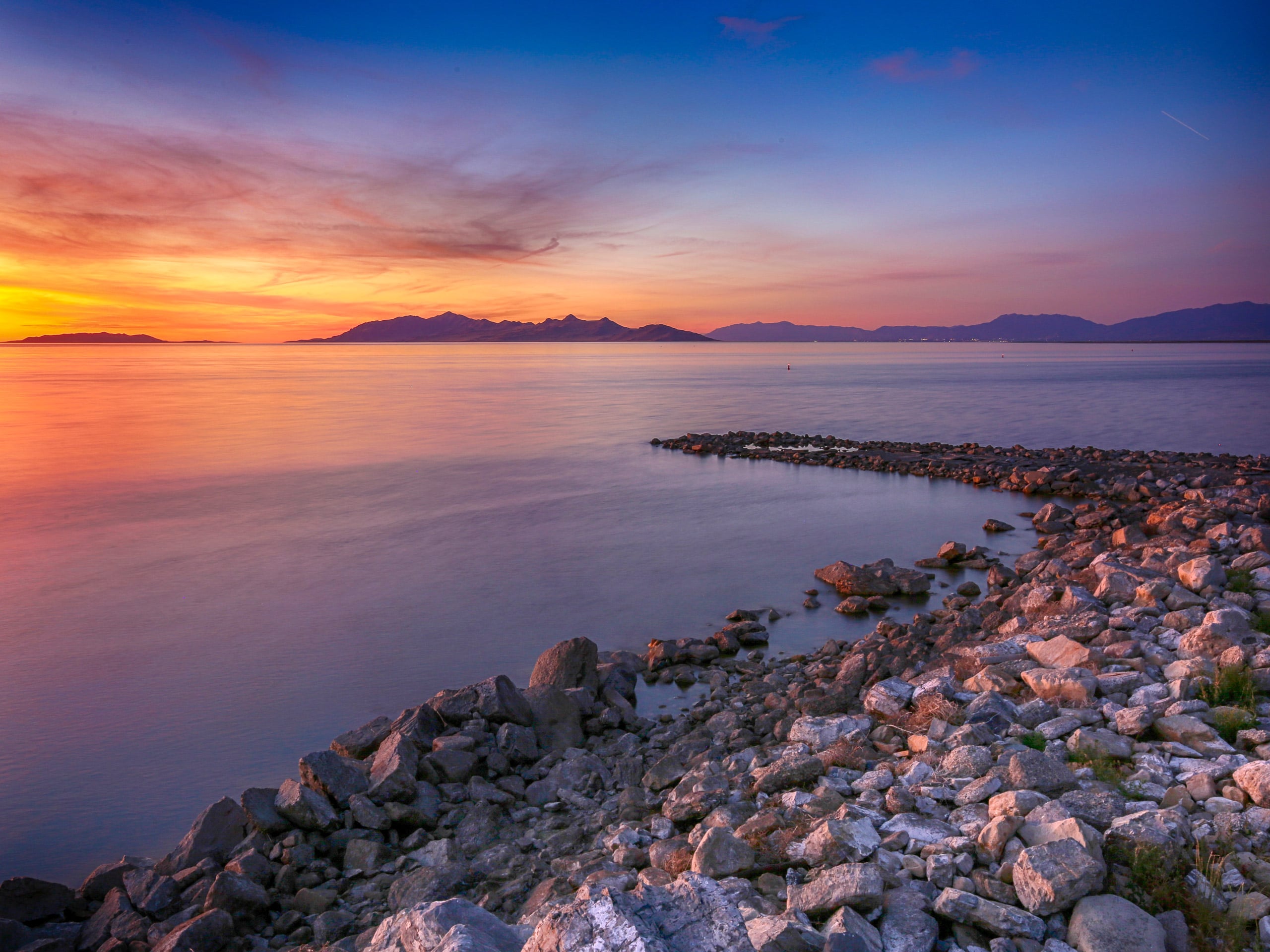 Great Salt Lake beautiful sunset colours over the water in Utah