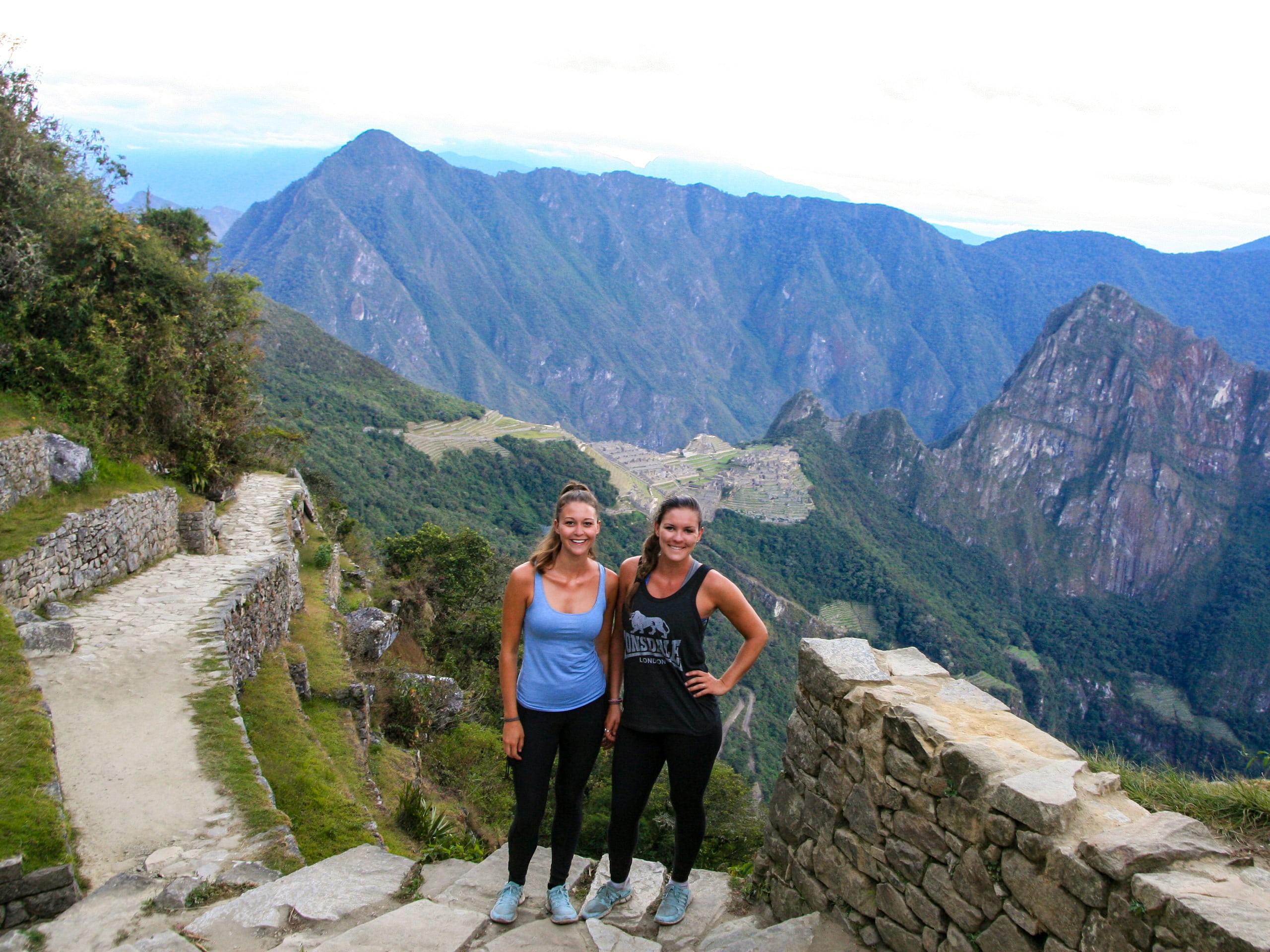 Friends adventuring together in Machu Picchu hiking trekking Inca Trail