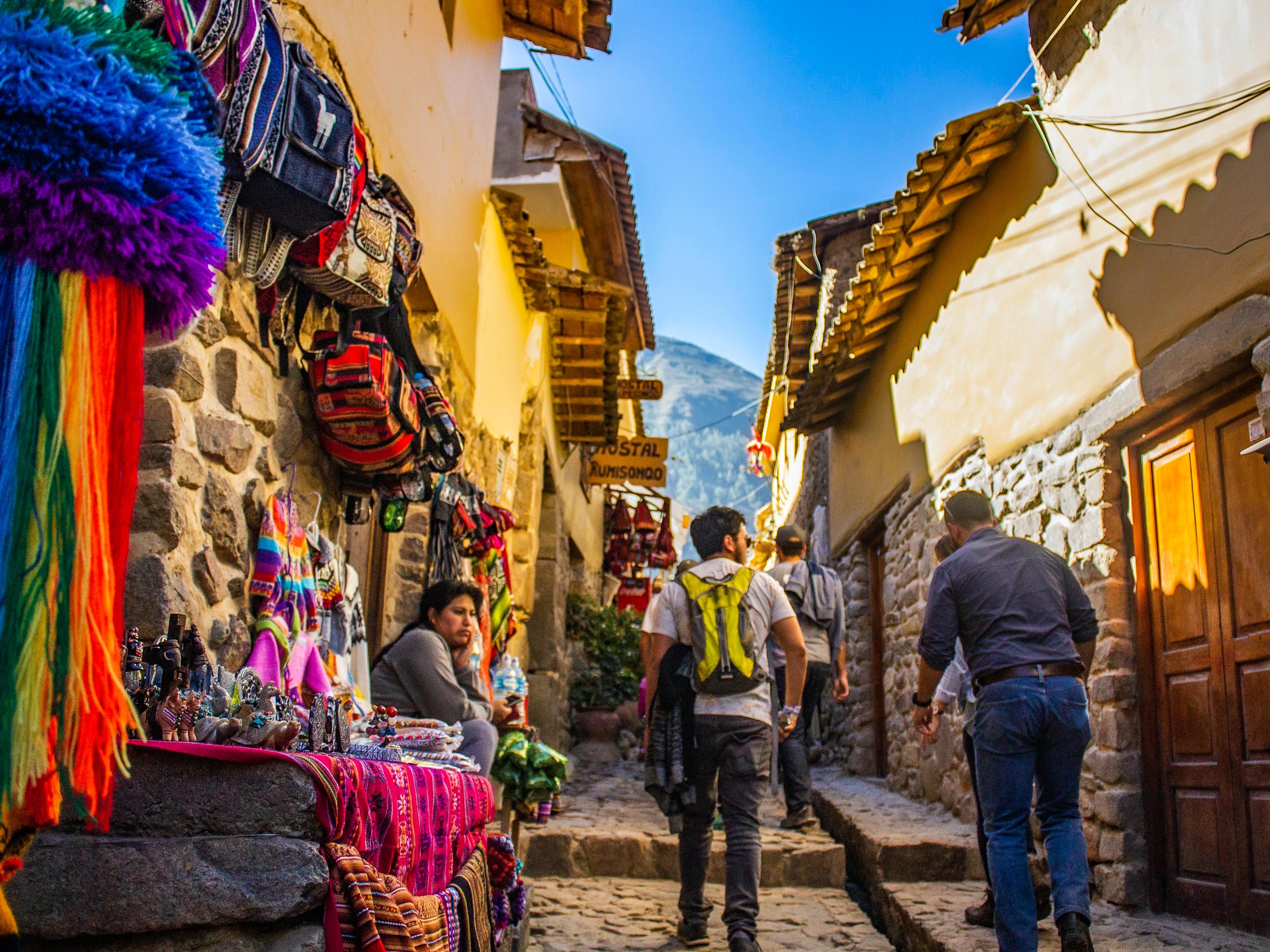 City of Cusco street market between old buidings Machu Picchu Peru