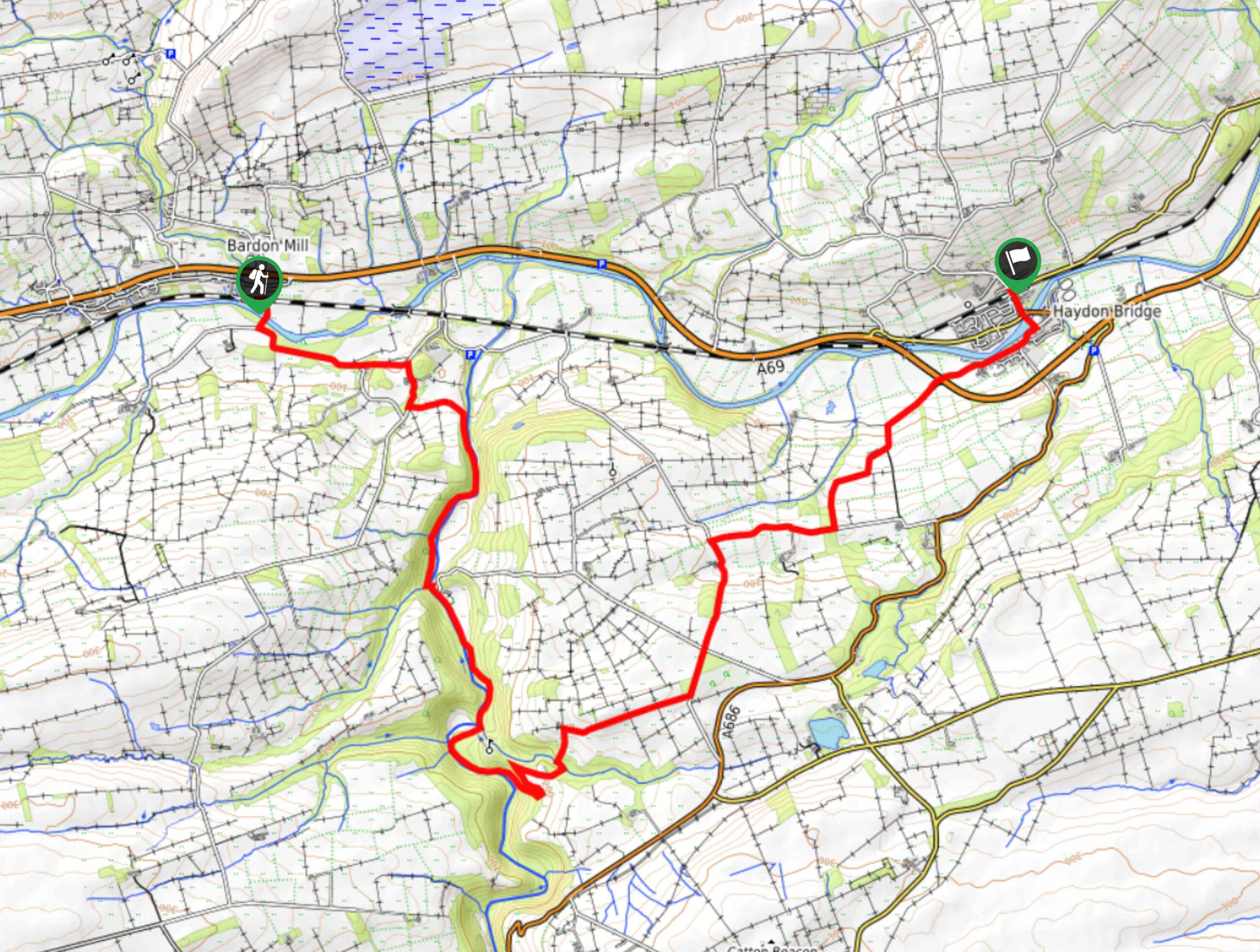 Bardon Mill to Haydon Bridge Walk Map