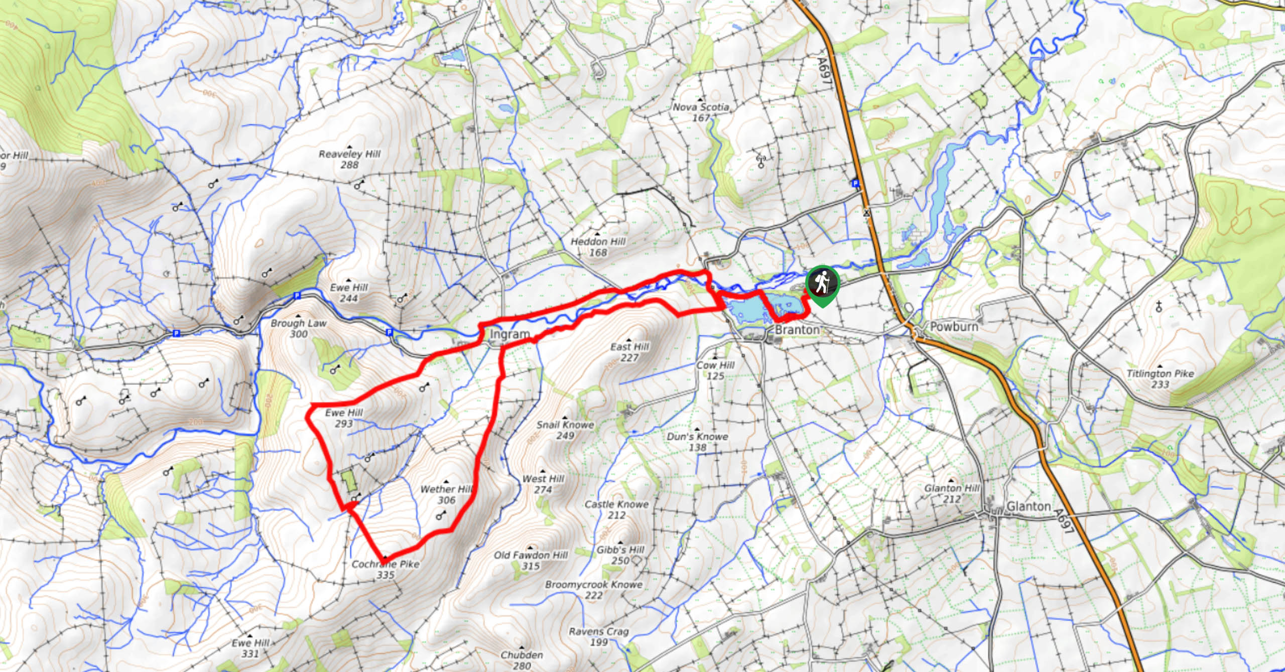 Ingram Wether Hill and Ewe Hill Road Walk Map