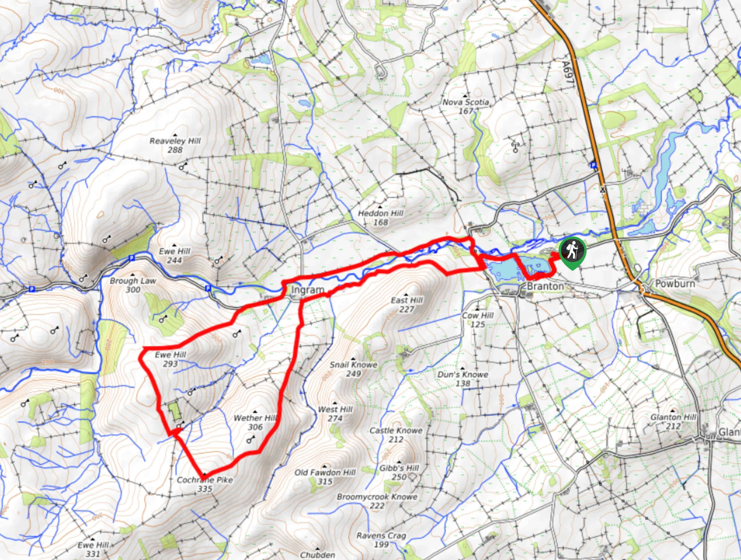 Ingram Wether Hill and Ewe Hill Road Walk Map
