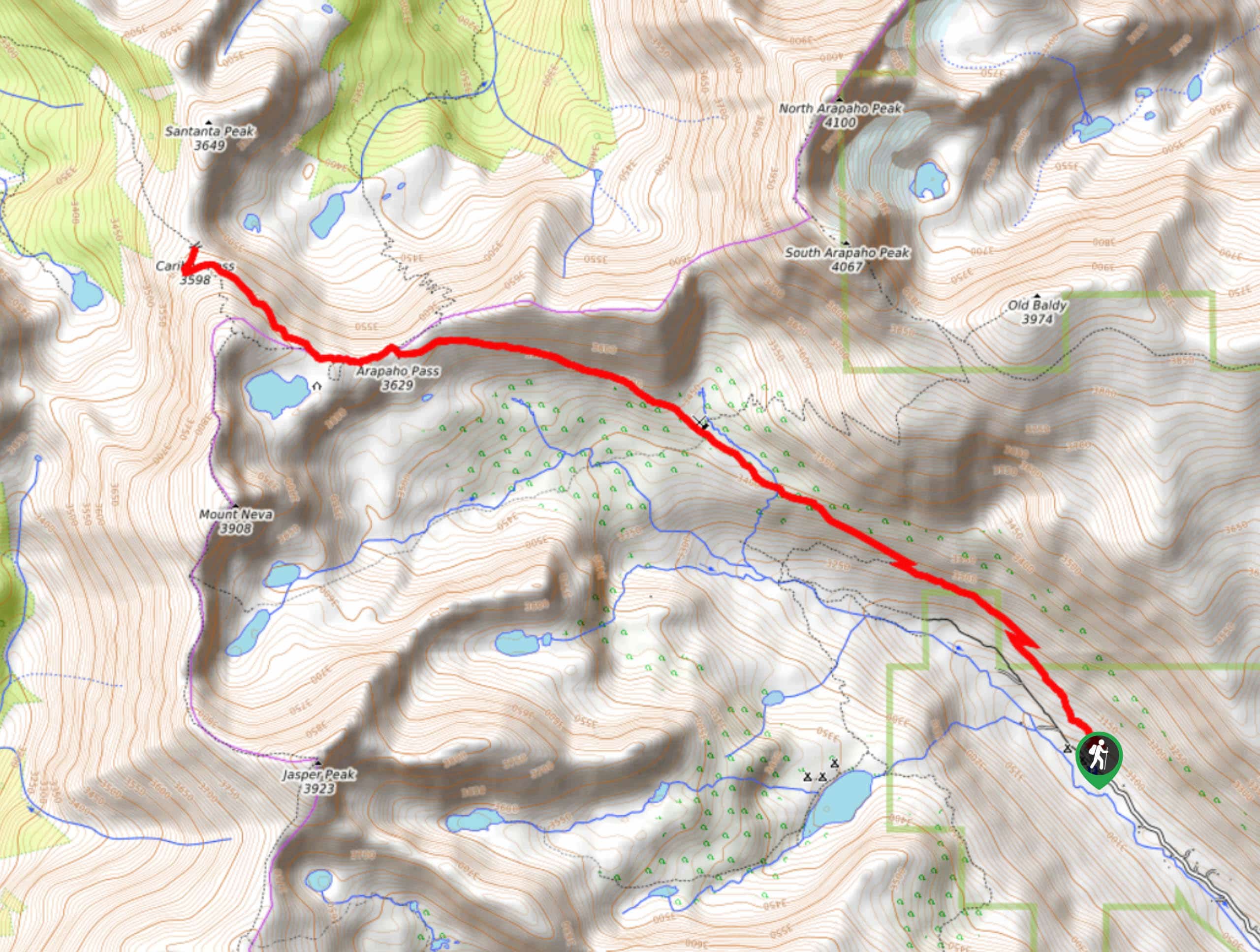 Caribou Pass via Arapaho Pass Trail Map