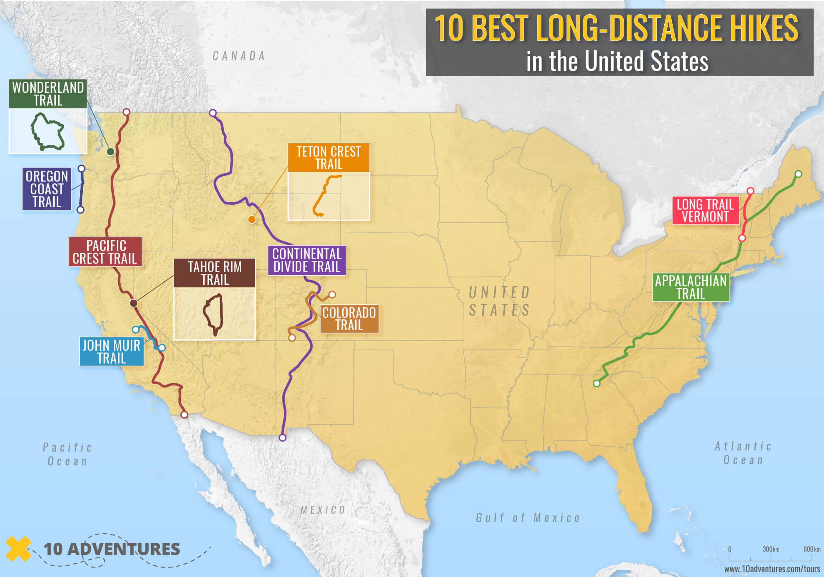 The map of best long-distance hikes in the United States
