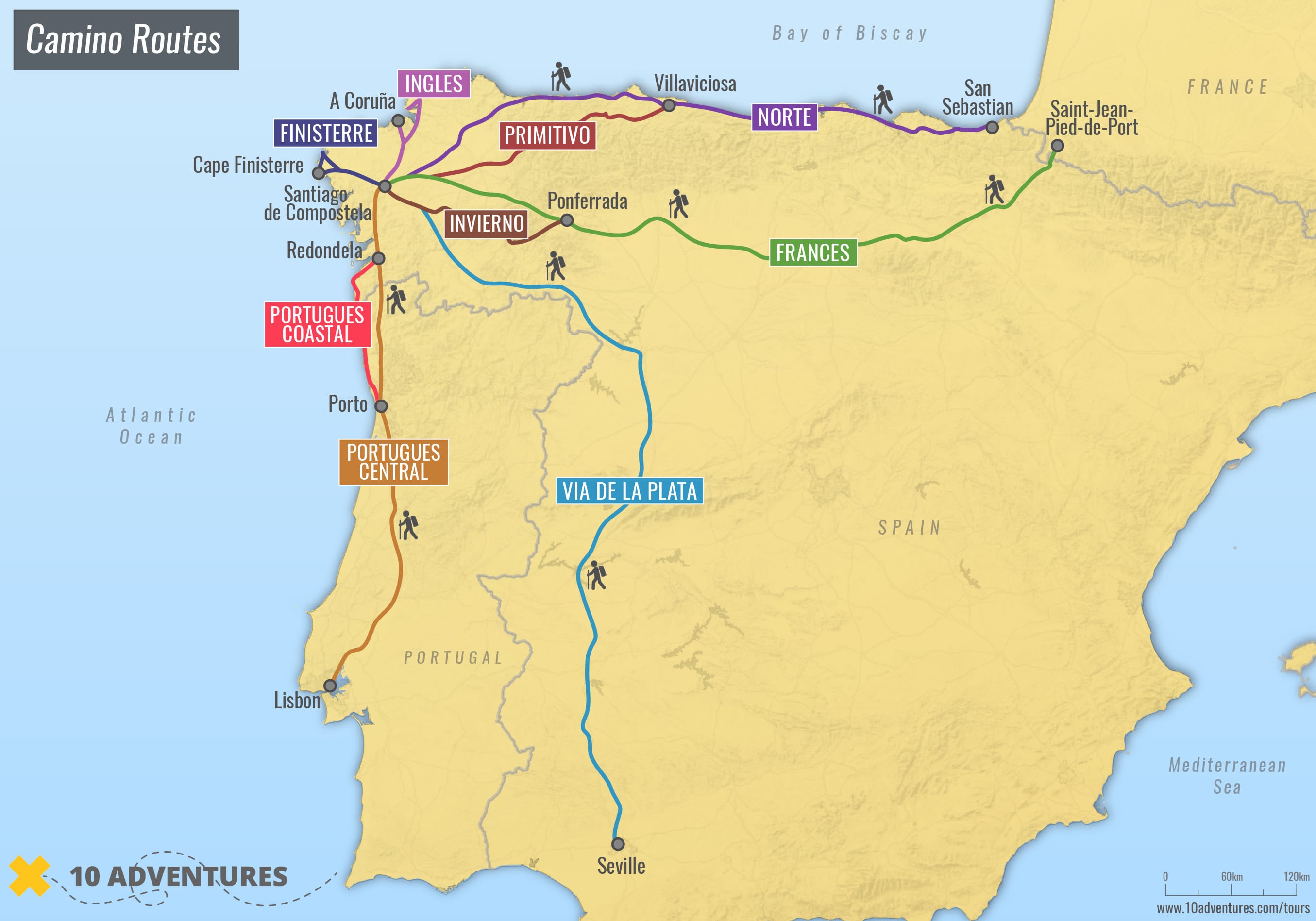 A map of different Camino de Santiago Routes